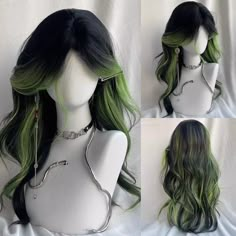 Black Ombre Green layered Long Wavy Synthetic Wig Lolita Cosplay Women Fluffy Heat Resistant Wig for Korean Hairstyles Women Long, Free Character Design, Easy Hair Drawings, Korean Hairstyles Women, Pretty Hair Cuts, Cool Hair Designs, Cute Wigs, Hair Drawings, Korean Hairstyles