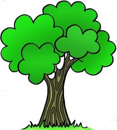 a cartoon tree with green leaves on the top and bottom branches, surrounded by grass