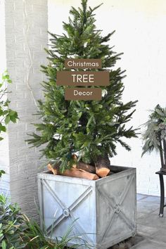 a christmas tree in a metal container with a sign that says, christmas tree decor