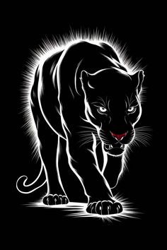 a black and white drawing of a panther on a dark background with light coming from it's eyes