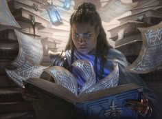 a woman is reading a book while surrounded by books