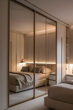 a bedroom with mirrored closet doors and a bed in the corner, along with two lamps on either side