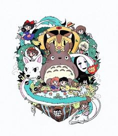 an image of the studio ghiz movie poster with many characters and animals around it