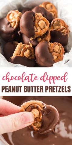 chocolate dipped peanut butter pretzels in a white bowl with the title above it