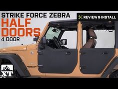 an orange jeep with the words strike force zebra half doors 4 door on it's side