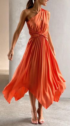 Toperth One-Shoulder Pleated Midi Dress – Toperth One Shoulder Midi Dress, Pleated Midi Dress, Asymmetrical Skirt, Daily Dress, Shoulder Design, Orange Dress, Types Of Dresses, Looks Style, Wedding Attire