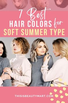 (Article Excerpt) Soft Summer hair colors have cool undertones of blue and gray, such as medium ash blonde and light to medium ash brown.  These hair colors enhance the natural softness of a Soft Summer type's skin tone, eyes, and overall appearance.  Avoid warm tones like orange as they can overwhelm the subtle palette of a Soft Summer type.   Complete info in the article, so click and read :-) Hair Color For Soft Summer Skin Tone, House Of Color Summer Hair, Summer Palette Hair Color, Soft Summer Color Palette Hair Colour, Soft Summer Grey Hair, Soft Summer Blonde Hair Color Ideas, Hoc Summer Hair Colors, Soft Summer Brown Hair