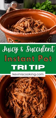 an orange bowl filled with shredded meat and the words juicy & succulent instant pot trip