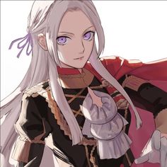 an anime character with long white hair and purple eyes, wearing a red cape over her shoulder