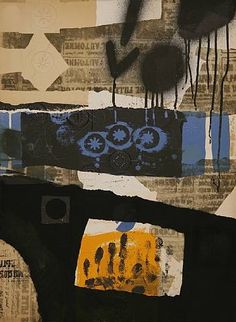 an abstract painting with black, blue and yellow colors on newspaper strips that have been altered to look like graffiti