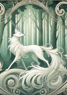 an illustration of a white unicorn in the woods