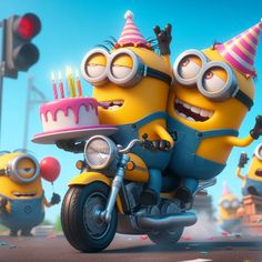 two minion characters riding on a motorcycle with a birthday cake in the back seat