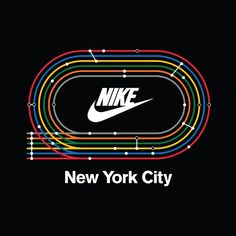 the nike new york city logo on a black background with colorful lines and dots around it