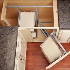 an overhead view of a kitchen with cabinets and drawers