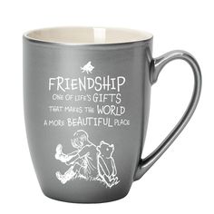 a gray coffee mug with white writing on it that says, friendship one of life's gifts that makes the world a more beautiful place