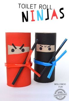 two toilet paper roll puppets with toothbrushes in the shape of ninjas on them