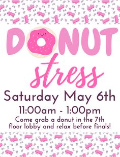 Donut Stress RA Floor Event - get donuts before finals and have residents hang out and relax- maybe incorporate coloring sheets. Anti stress event Fun Ra Events, Recovery Event Ideas, College Activities Ideas, College Club Activities Ideas, Sga Event Ideas, College Dorm Events Ideas, Reslife Event Ideas, Ra Community Events