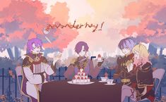 three people sitting at a table with a cake in front of them and the words victory written above it