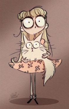 a drawing of a woman holding a cat with glasses on her face and looking at the camera