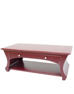 a red coffee table with two drawers on each side and one shelf below the top