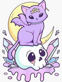 a purple cat sitting on top of a skull