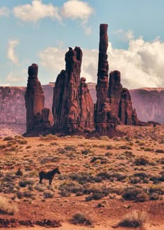 a horse standing in the middle of a desert with tall rock formations and clouds overhead