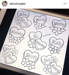 a sheet of paper with hearts and flowers on it