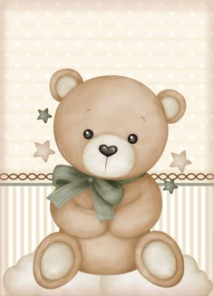 a brown teddy bear sitting on top of a white and beige striped background with stars