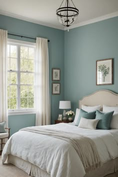 a bedroom with blue walls and white bedding