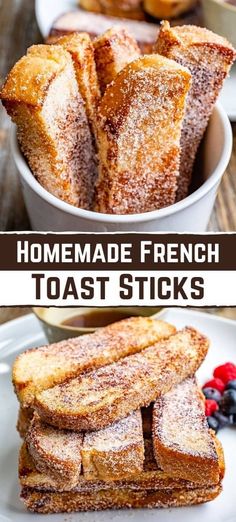 homemade french toast sticks stacked on top of each other