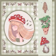 a girl with long blonde hair wearing a red mushroom hat next to a potted plant