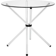 a round glass table with metal legs