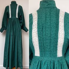 "A gorgeous, 1970s, Laura Ashley, long sleeved, full length, batwing dress. The fabric is a fabulous forest green with a small flower design in a darker green. The dress has a high waist and features: - a high neck - voluminous sleeves which come from the high waist. - wide buttoned cuffs. - white cotton lace inserts at the bodice. - pin tucks on the bodice. - a gathered skirt. - a narrow tie belt. The fabric still feels reasonably new. This dress fastens with a long zip to the back. LABEL: Laura Ashley. Made in Wales. Washed and ironed on reverse. SIZE: Vintage size 12 (UK), would suit modern size 8/small 10 please see measurements (max 34\" bust).  Shown on a mannequin with a 34\" bust and is a little snug at the bodice. Measurements (taken flat, please double up and leave wiggle room). 1970s Green Long Sleeve Dress, 1970s Style Green Long Sleeve Dress, Vintage Long Sleeve Green Dress, Vintage Green Winter Dresses, Green Vintage Winter Dress, Green Vintage Dress For Fall, Vintage Long Sleeve Maxi Dress, Green Maxi Dress For Fall Daywear, Green Maxi Dress For Daywear In Fall