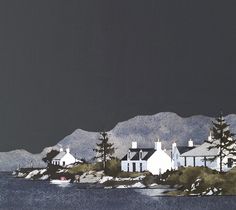 an image of a house by the water with mountains in the background on a dark day