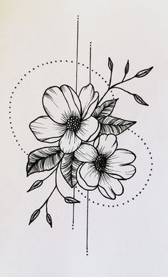 a black and white drawing of flowers on paper