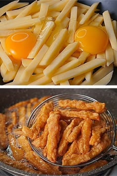 there are two pictures one is fried and the other has french fries in it with an egg on top