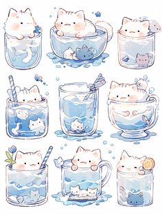 some cats are in glass mugs with water and bubbles on the bottom, one cat is