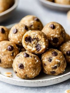 chocolate chip energy bites on a white plate