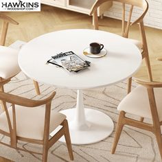 a white table with chairs and a magazine on it