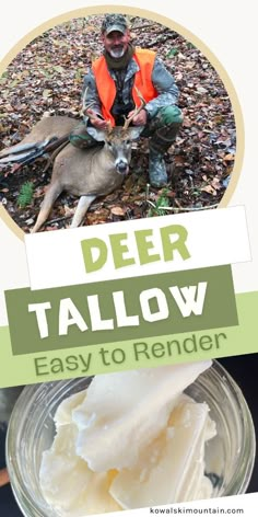 a deer is sitting next to a jar filled with whipped cream and the words deer taillow