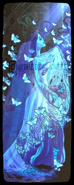 an artistic painting of a woman with butterflies flying around her, in blue and purple tones