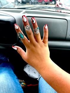 Western Nails, no cow print. Western Lightning Bolt Nails, Red Punchy Nails, Western Inspo Nails, Western Nail Inspiration, Western Nails Coffin, Cowpoke Nails, Western Punchy Nails Designs, Red Country Nails, Western Red Nails