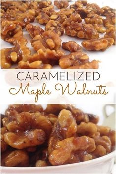 caramelized maple walnuts in a white bowl with text overlay that reads caramelized maple walnuts