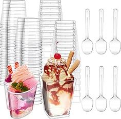 there are many plastic cups and spoons with ice cream