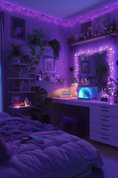 a bedroom with purple lighting and plants in the corner