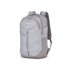 the back pack is grey and has two zippers on one side, and an external pocket