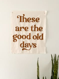 there are the good old days printed on a tea towel next to a potted plant