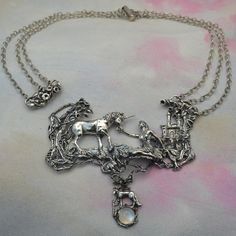 Unicorn and Maiden Magical Refuge  Necklace in by MysticSwan, $1148.00 Fantasy Jewelry Necklace, Wise Tree, Unicorn Jewelry, Tree Spirit, Morning Glories, Tree Home, Unicorn Necklace, Arm Jewelry