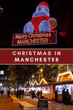 the christmas lights in manchester are lit up and there is a large teddy bear on top