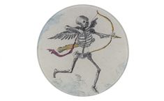 a white plate with a skeleton holding a bow and arrow in it's hand